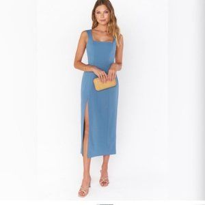 Square-Neck Blue Midi Dress with Side Slit